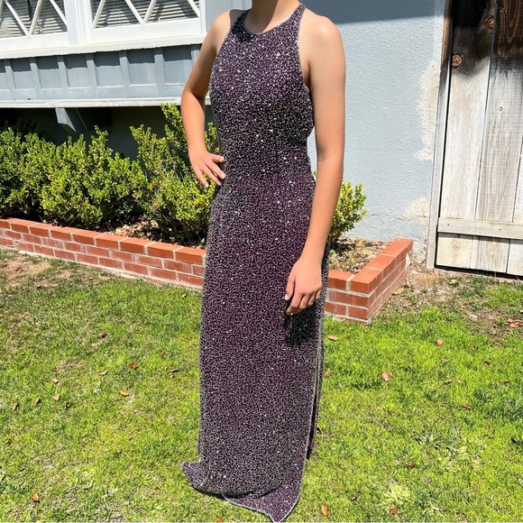 VTG 90s Romy Scala 100% Silk Beaded Formal Backless Maxi Dress Plum Purple Med - Picture 4 of 17